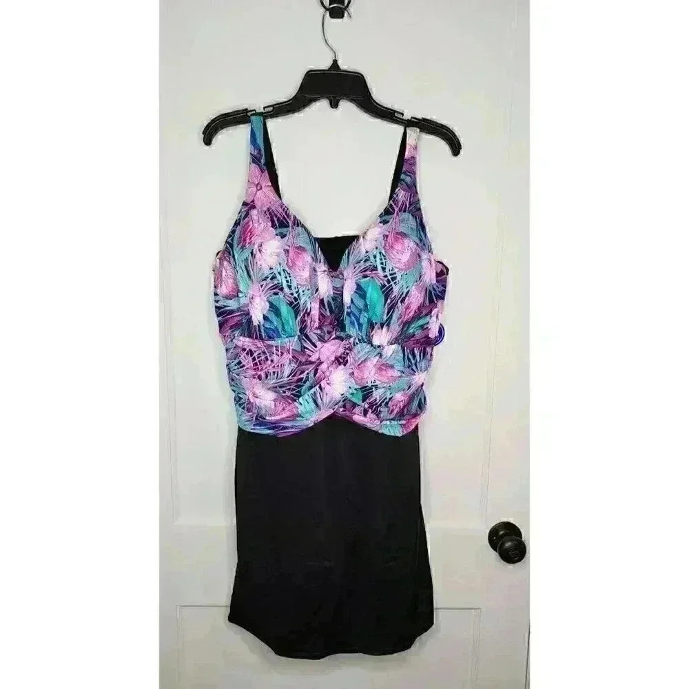 Size 22 NWT Swimsuits for All Floral Tropical Black Front Crossed Swim Dress